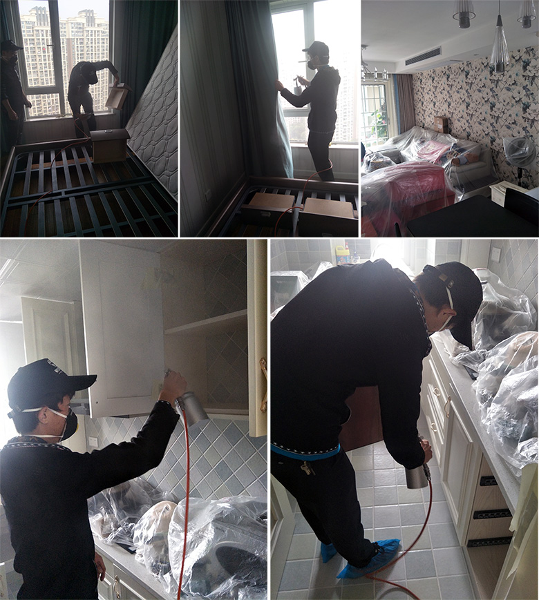 杭州除甲醛-树派环保工作人员对保利·东湾一客户家进行室内空气治理